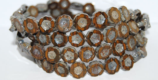 Table Cut Round Beads Hawaii Flowers,Mix Brown Crystal Picasso (16617-43400), Glass, Czech Republic