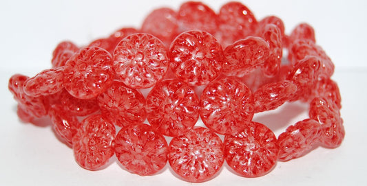 Round Flower Edelweiss Pressed Glass Beads, Lava Glass Red (LAVA-GLASS-RED), Glass, Czech Republic