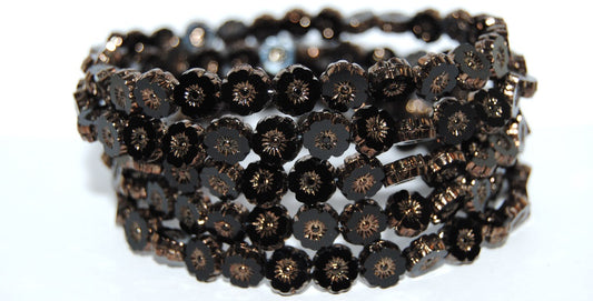 Table Cut Round Beads Hawaii Flowers, Black Bronze (23980-14415), Glass, Czech Republic