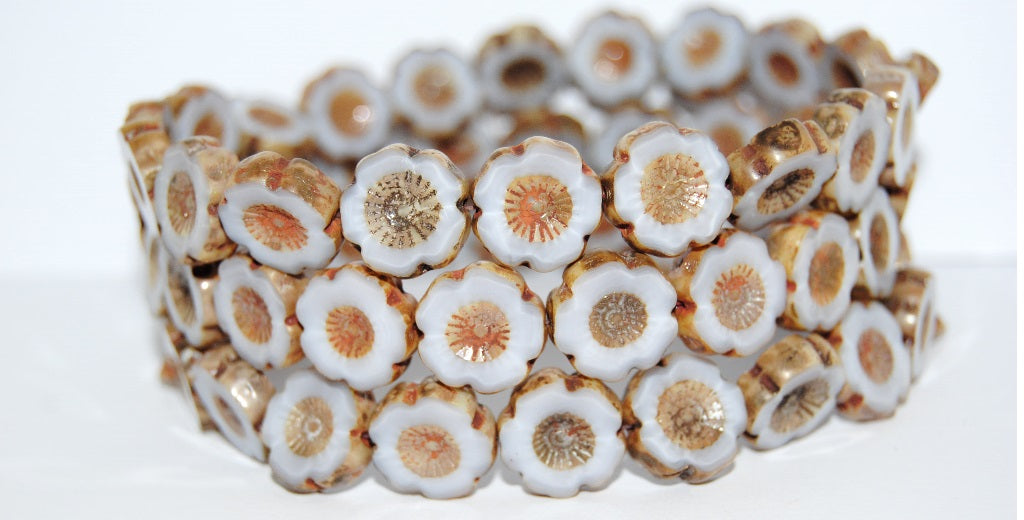 Table Cut Round Beads Hawaii Flowers,24010 Travertin (24010-86800), Glass, Czech Republic