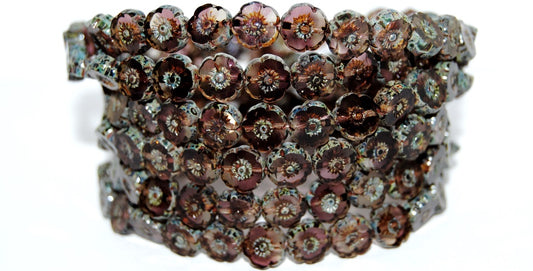 Table Cut Round Beads Hawaii Flowers, Transparent Blue Picasso (300102008-66800), Glass, Czech Republic