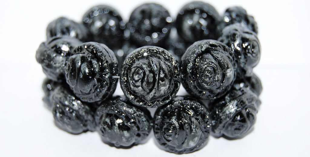 Round With Rose Flower Pressed Glass Beads, Lava Glass Black (LAVA-GLASS-BLACK), Glass, Czech Republic