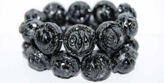 Round With Rose Flower Pressed Glass Beads, Lava Glass Black (LAVA-GLASS-BLACK), Glass, Czech Republic