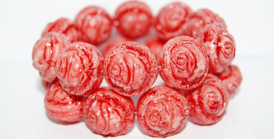 Round With Rose Flower Pressed Glass Beads, Lava Glass Red (LAVA-GLASS-RED), Glass, Czech Republic