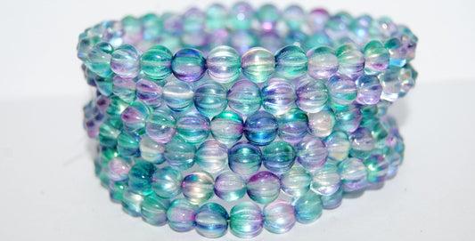 Melon Round Pressed Glass Beads With Stripes,Glossy Blue Purple (48123), Glass, Czech Republic