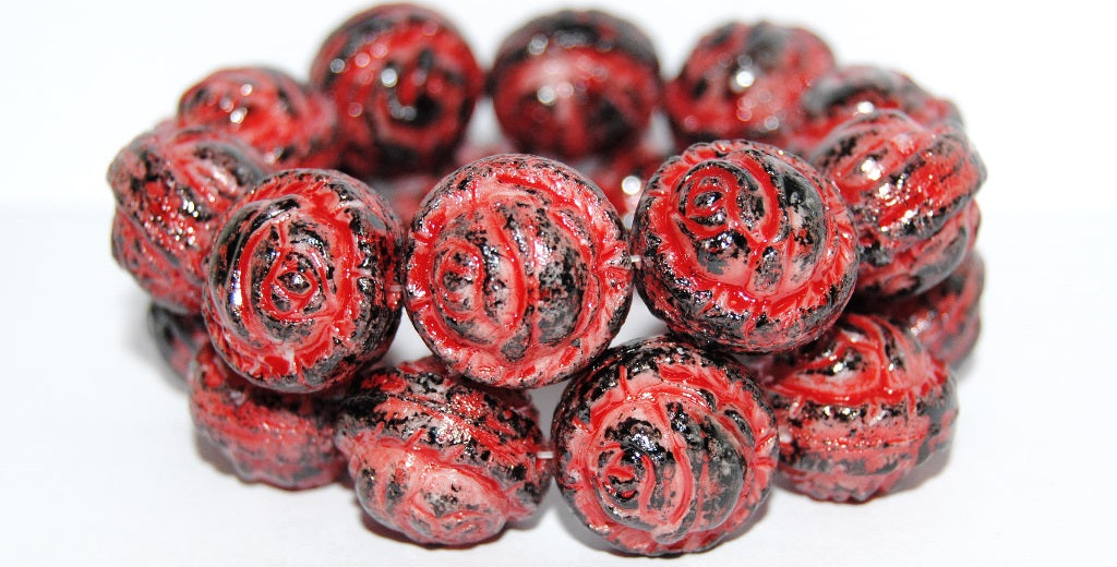 Round With Rose Flower Pressed Glass Beads, Lava Glass Red Black (LAVA-GLASS-RED-BLACK), Glass, Czech Republic