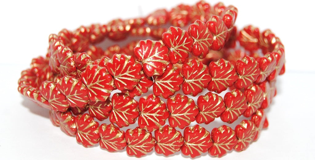 Grape Leaf Pressed Beads, Opaque Red Gold Lined (93200-54202), Glass, Czech Republic
