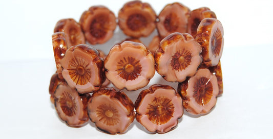 Table Cut Round Beads Hawaii Flowers,Opaque Pink Travertin (76028-86800), Glass, Czech Republic