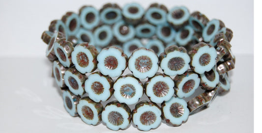 Table Cut Round Beads Hawaii Flowers, Blue Senegal Blue (63010-15664), Glass, Czech Republic