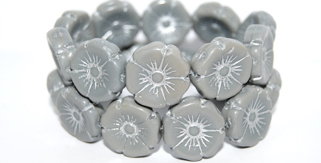 Hawaii Flower Pressed Glass Beads,Opaque Gray Silver Lined (43030-54201), Glass, Czech Republic