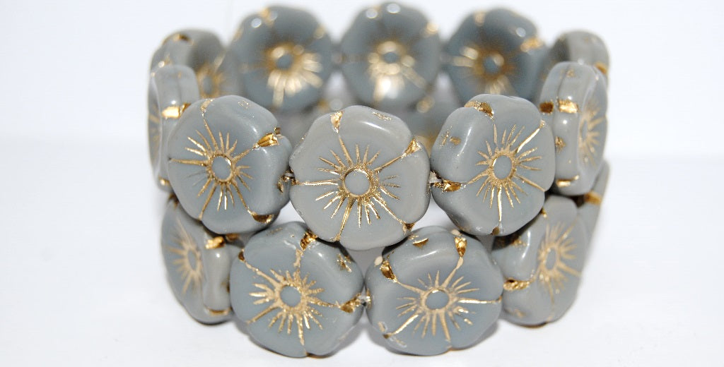 Hawaii Flower Pressed Glass Beads,Opaque Gray Gold Lined (43030-54202), Glass, Czech Republic