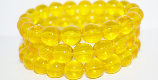 Round Pressed Glass Beads Druck, Transparent Yellow (80020), Glass, Czech Republic