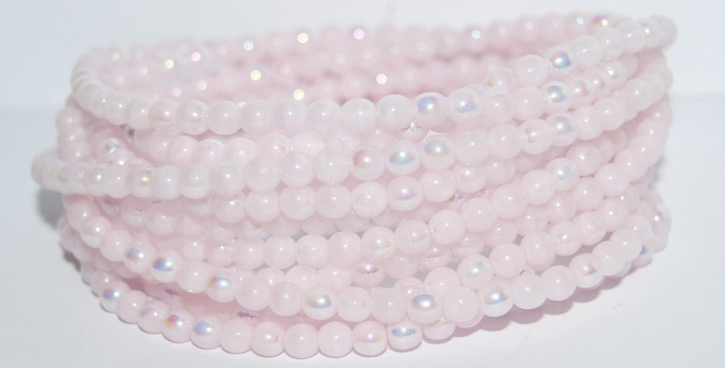 Round Pressed Glass Beads Druck, Opaque Pink Ab (74010-AB), Glass, Czech Republic