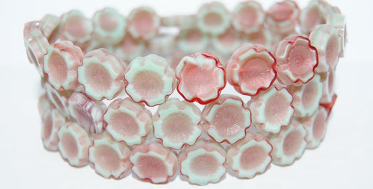 Table Cut Round Beads Hawaii Flowers,Mixed Blue Pink Matte (57713-M), Glass, Czech Republic