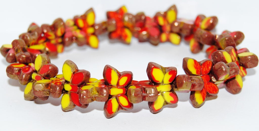 Table Cut Butterfly Beads, Red Yellow Mix Bronze (93198312-14415), Glass, Czech Republic