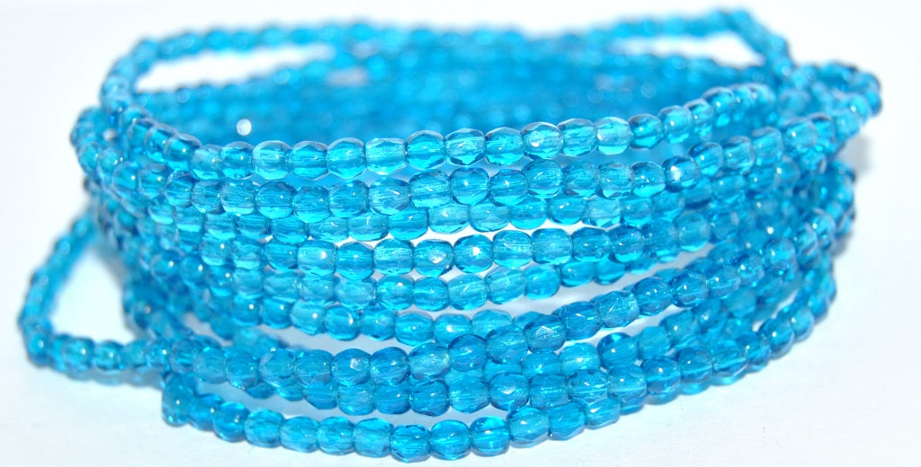 Fire Polished Round Faceted Beads, Transparent Aqua (60040), Glass, Czech Republic