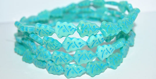 Christmas Tree Decorated Pressed Glass Beads, Opal Aqua 46460 (61100 46460), Glass, Czech Republic