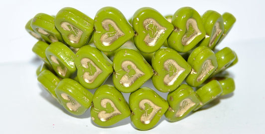 Heart With Heart Pressed Glass Beads, Green 54202 (53420 54202), Glass, Czech Republic
