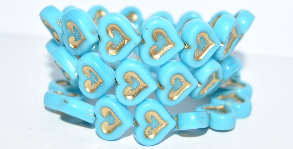 Heart With Heart Pressed Glass Beads, Turquoise Blue 54202 (63030 54202), Glass, Czech Republic