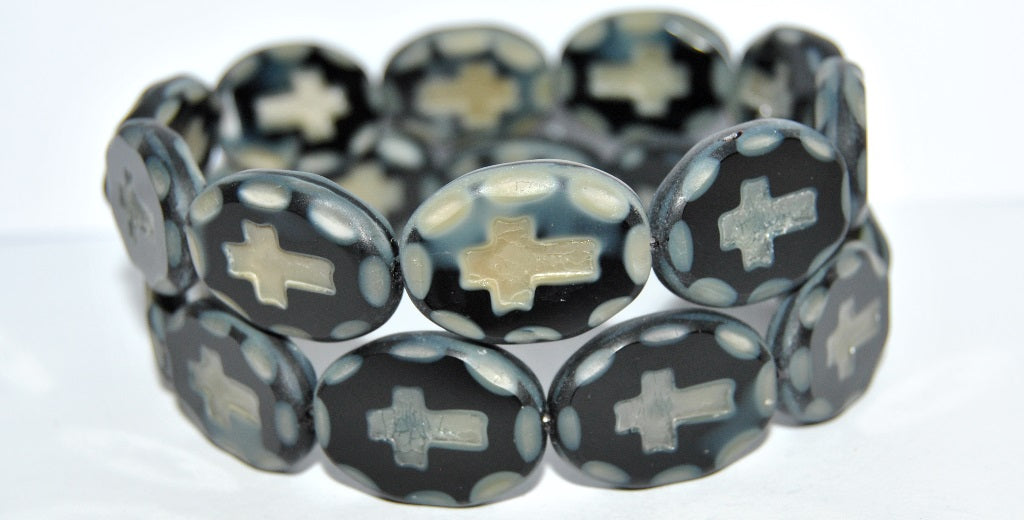 Table Cut Oval Beads With Cross, 17019 Matte (17019 M), Glass, Czech Republic