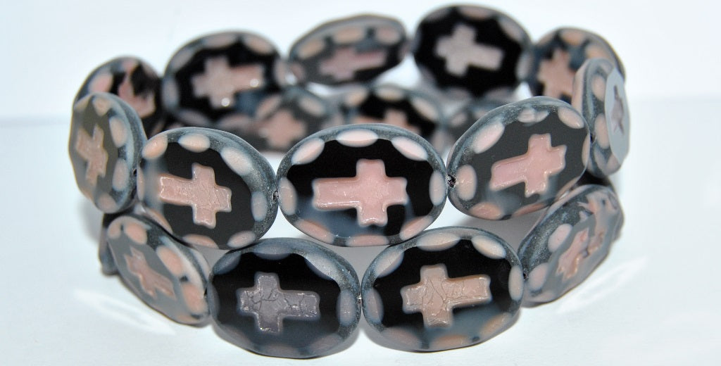 Table Cut Oval Beads With Cross, 77029 Matte (77029 M), Glass, Czech Republic