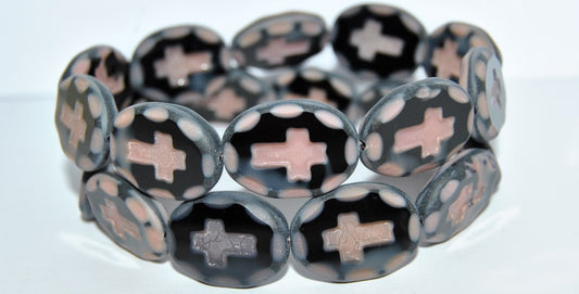 Table Cut Oval Beads With Cross, 77029 Matte (77029 M), Glass, Czech Republic