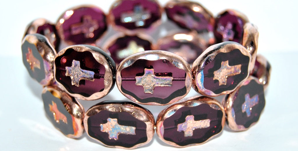 Table Cut Oval Beads With Cross, Transparent Amethyst 27101 2Xside (20080 27101 2Xside), Glass, Czech Republic
