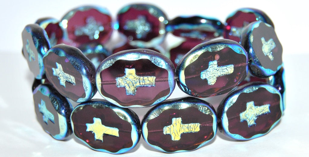 Table Cut Oval Beads With Cross, Transparent Amethyst Ab 2Xside (20080 Ab 2Xside), Glass, Czech Republic