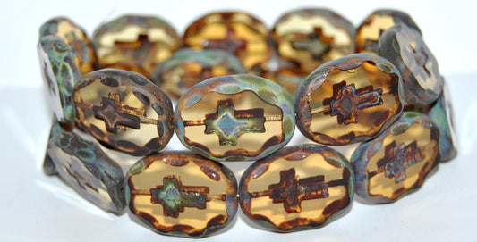 Table Cut Oval Beads With Cross, 10020 Travertin (10020 86800), Glass, Czech Republic