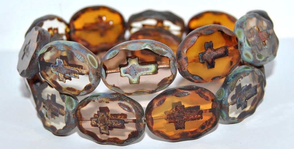 Table Cut Oval Beads With Cross, Mixed Colors Topaz Travertin Matte (Mix Topaz 86800 M), Glass, Czech Republic