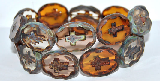 Table Cut Oval Beads With Cross, Mixed Colors Topaz Travertin Matte (Mix Topaz 86800 M), Glass, Czech Republic