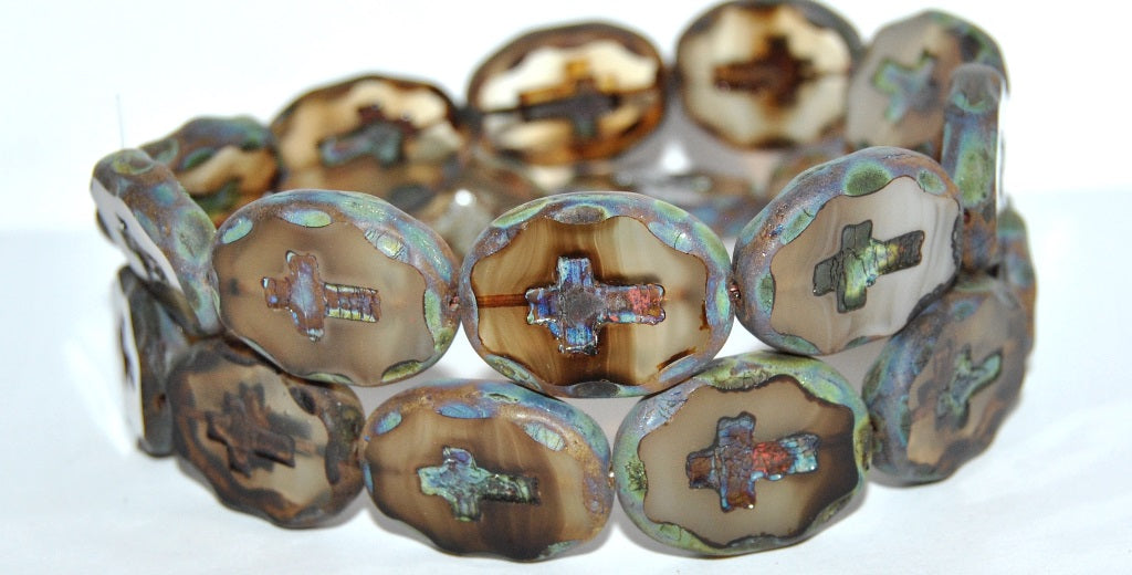 Table Cut Oval Beads With Cross, 201010230 Travertin Matte (201010230 86800 M), Glass, Czech Republic