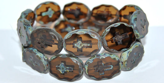 Table Cut Oval Beads With Cross, Transparent Brown Travertin Matte (10230 86800 M), Glass, Czech Republic