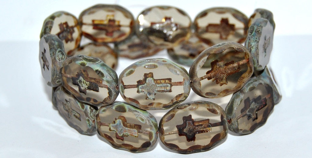 Table Cut Oval Beads With Cross, 40020 Travertin Matte (40020 86800 M), Glass, Czech Republic