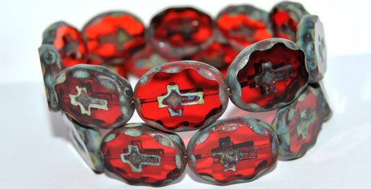Table Cut Oval Beads With Cross, Mixed Colors Ruby Travertin Matte (Mix Ruby 86800 M), Glass, Czech Republic