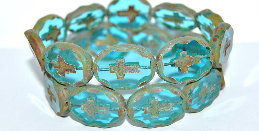 Table Cut Oval Beads With Cross, Transparent Aqua Travertin Matte (60020 86800 M), Glass, Czech Republic