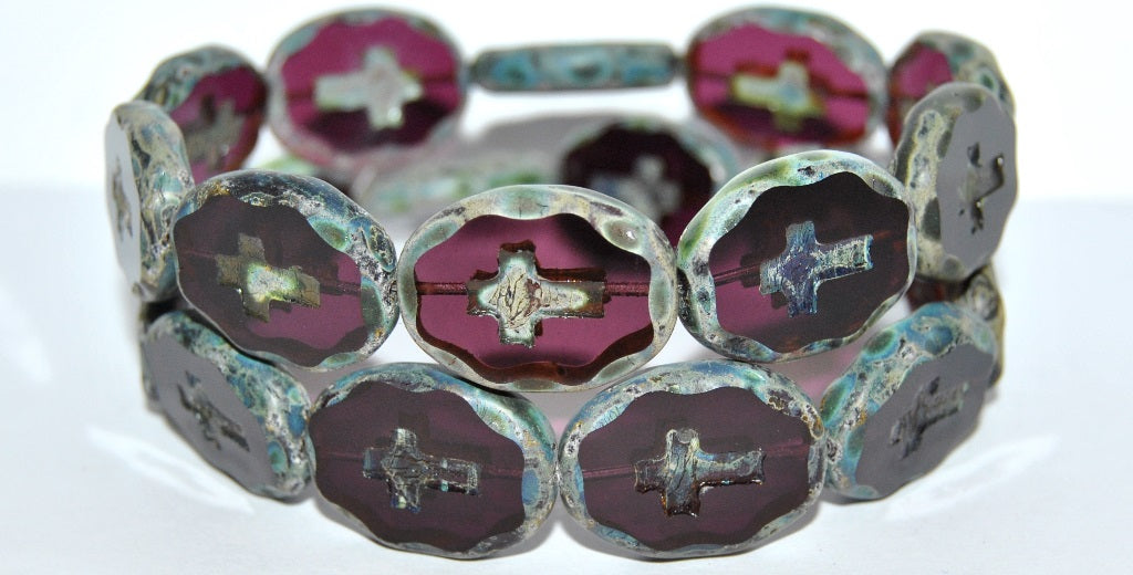 Table Cut Oval Beads With Cross, Transparent Amethyst Travertin Matte (20080 86800 M), Glass, Czech Republic