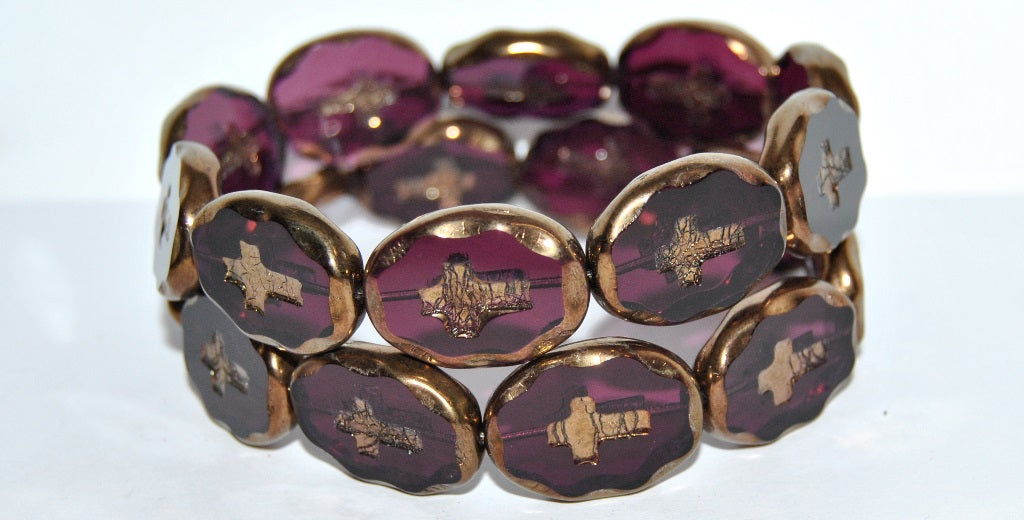 Table Cut Oval Beads With Cross, Transparent Amethyst Bronze (20080 14415), Glass, Czech Republic