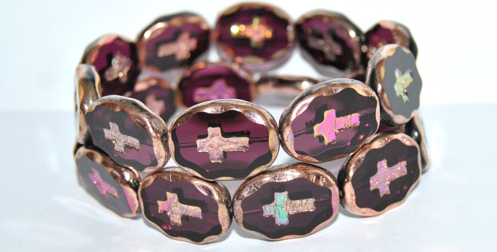 Table Cut Oval Beads With Cross, Transparent Amethyst 29500 (20080 29500), Glass, Czech Republic