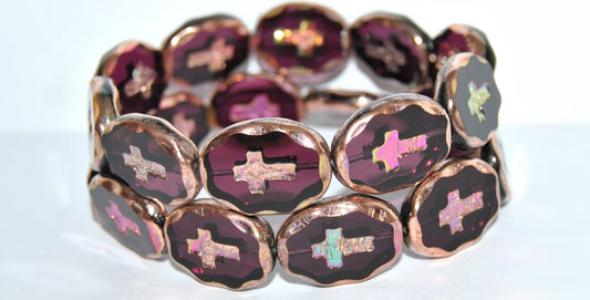 Table Cut Oval Beads With Cross, Transparent Amethyst 29500 (20080 29500), Glass, Czech Republic