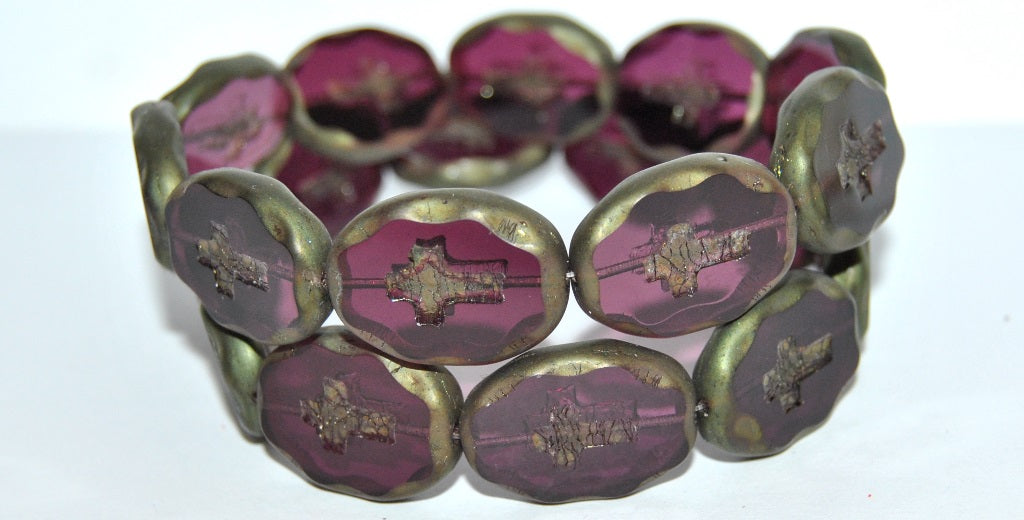 Table Cut Oval Beads With Cross, Transparent Amethyst Luster Red Full Coated Matte (20080 14495 M), Glass, Czech Republic