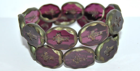 Table Cut Oval Beads With Cross, Transparent Amethyst Luster Red Full Coated Matte (20080 14495 M), Glass, Czech Republic
