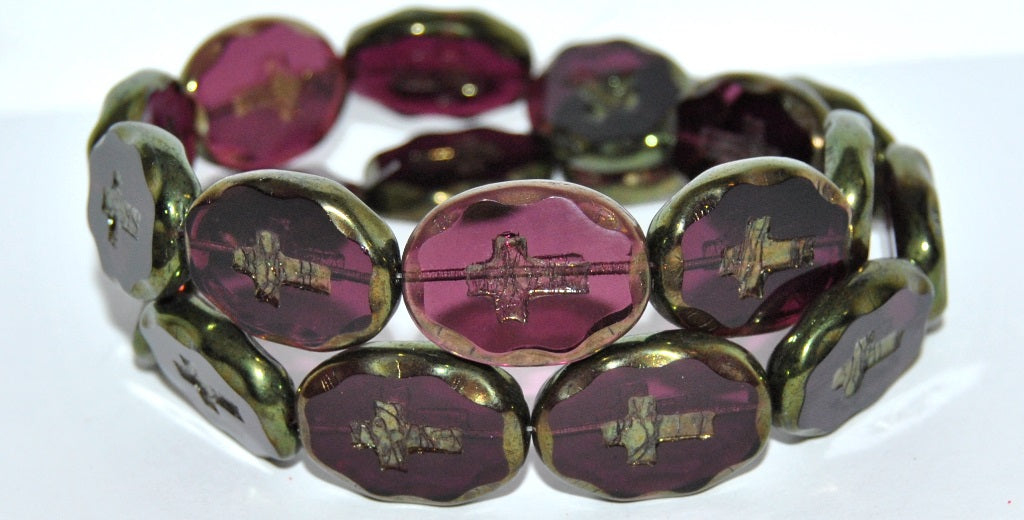 Table Cut Oval Beads With Cross, Transparent Amethyst Luster Red Full Coated (20080 14495), Glass, Czech Republic