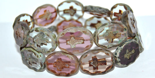 Table Cut Oval Beads With Cross, Mixed Colors Amethyst Travertin Matte (Mix Amethyst 86800 M), Glass, Czech Republic