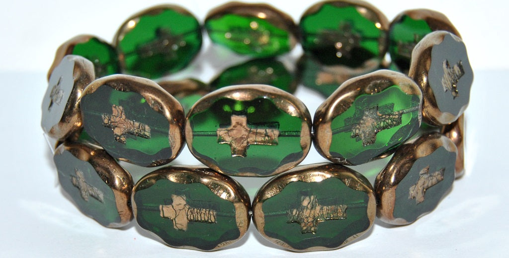 Table Cut Oval Beads With Cross, Transparent Green Emerald Bronze (50150 14415), Glass, Czech Republic