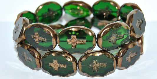 Table Cut Oval Beads With Cross, Transparent Green Emerald Bronze (50150 14415), Glass, Czech Republic