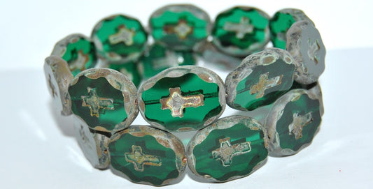 Table Cut Oval Beads With Cross, Transparent Green Emerald Travertin Matte (50720 86800 M), Glass, Czech Republic