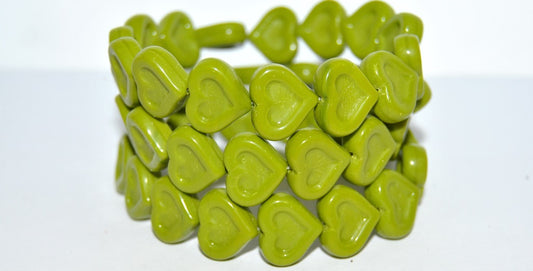 Heart With Heart Pressed Glass Beads, Opaque Green (53400), Glass, Czech Republic