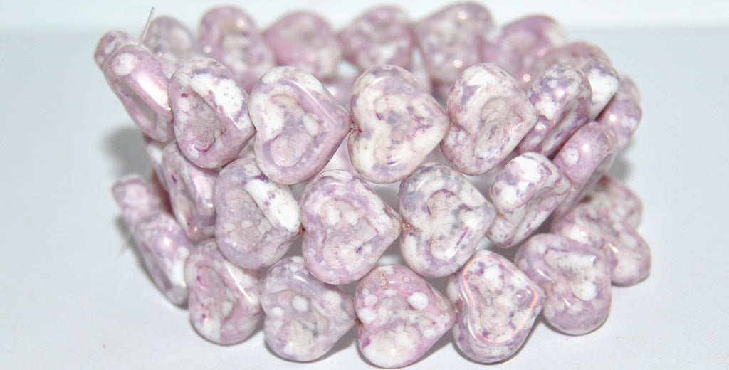 Heart With Heart Pressed Glass Beads, White Terracotta Lila (2010 15494), Glass, Czech Republic
