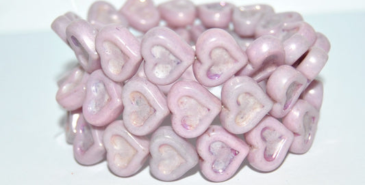 Heart With Heart Pressed Glass Beads, White Luster Lila (2010 14494), Glass, Czech Republic